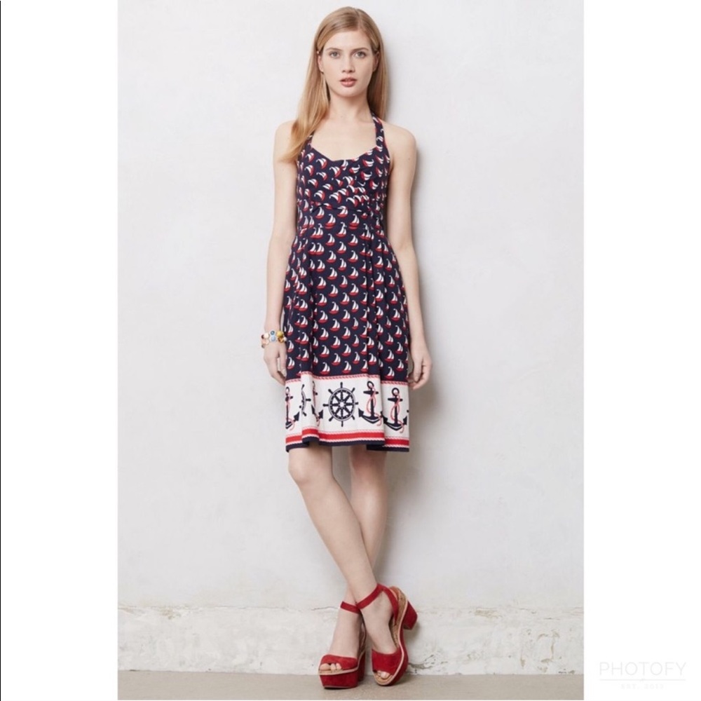 Anthropologie Nautical Sailboat Halter Dress in Navy, Red, White - Picture 2 of 10